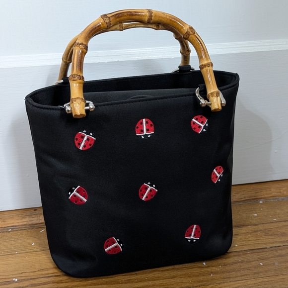 Bamboo Handle Black Tote w/ Embroidered Ladybugs + Strap. Zip Pouch & Pockets - Picture 1 of 7